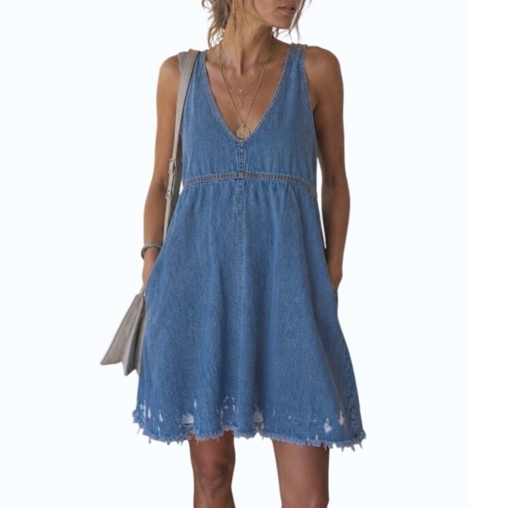 Banjara Denim Mini Dress Distressed Medium Blue Boho Shift Festival Grunge Indie